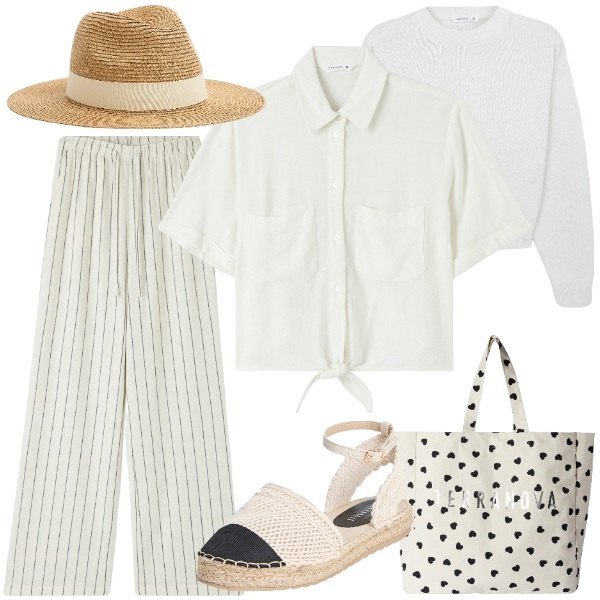 Outfit donna - Vacanze italiane Terranova. Stile Casual chic per Tutti i giorni. Abbinamento con pantaloni, maglieria, cappelli, espadrillas, camicie a manica corta, borse tote.
