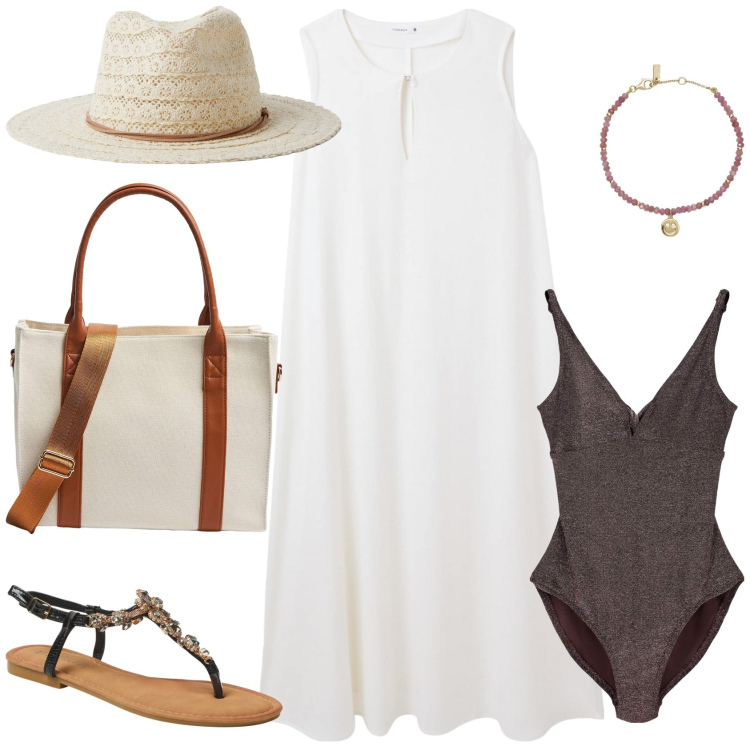 Outfit donna - Prime giornate al mare!. Stile Casual chic per Mare. Abbinamento con vestiti lunghi, cappelli, costumi interi, shopping bag, sandali gioiello, braccialetti.