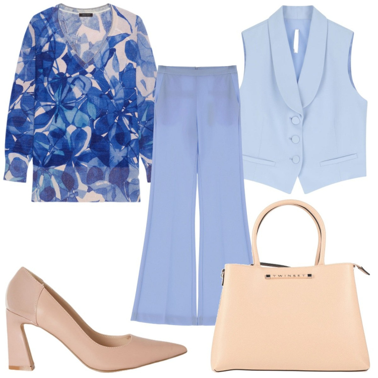 Outfit donna - La delicatezza dell\'azzurro cielo. Stile Chic per Tutti i giorni. Abbinamento con borse a mano, pantaloni, gilet, maglieria, décolleté.