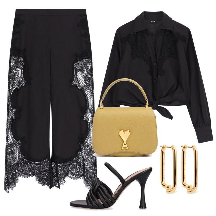 Outfit donna - Dettagli in pizzo. Stile Glamour per Serata fuori. Abbinamento con pantaloni a palazzo, camicie, sandali in pelle, orecchini, borse a mano.