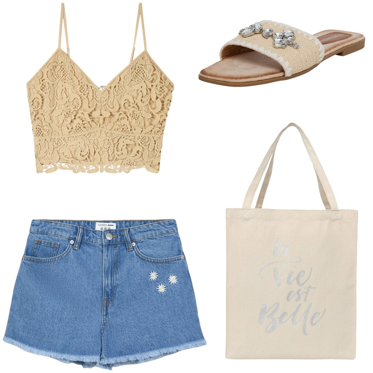Outfit donna - Pronta per il mare. Stile Boho per Mare. Abbinamento con ciabatte, borse tote, shorts, top.