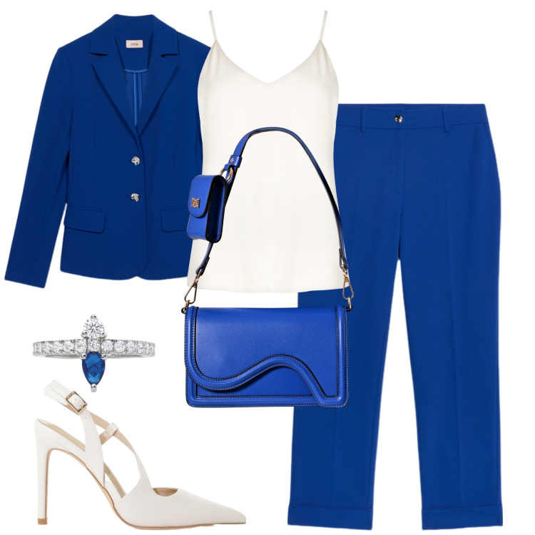Outfit donna - Cerimonia. Stile Chic per Cerimonia. Abbinamento con décolleté, anelli, top, pochette, pantaloni, blazer.