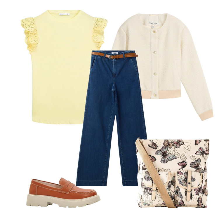 Outfit donna - Total look #2121551. Stile Casual per Tutti i giorni. Abbinamento con borse a tracolla, bomber, mocassini, t-shirt, jeans.