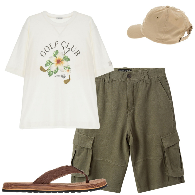 Outfit uomo - Weekend. Stile Casual per Tutti i giorni. Abbinamento con bermuda, t-shirt, cappelli, sandali.