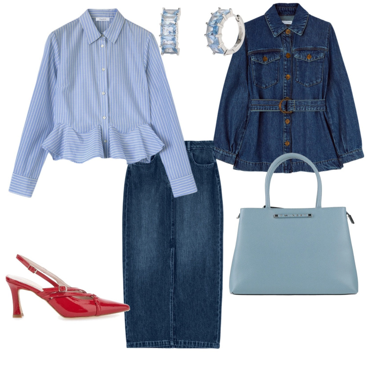 Outfit donna - Con il taglier di jeans in ufficio. per Ufficio. Abbinamento con borse a mano, orecchini, décolleté, camicie, blazer, gonne longuette.