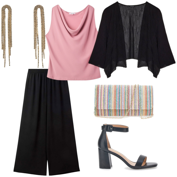 Outfit donna - Communione a giugno. per Cerimonia. Abbinamento con pantaloni, canottiere, orecchini, bolero, sandali col tacco, pochette.
