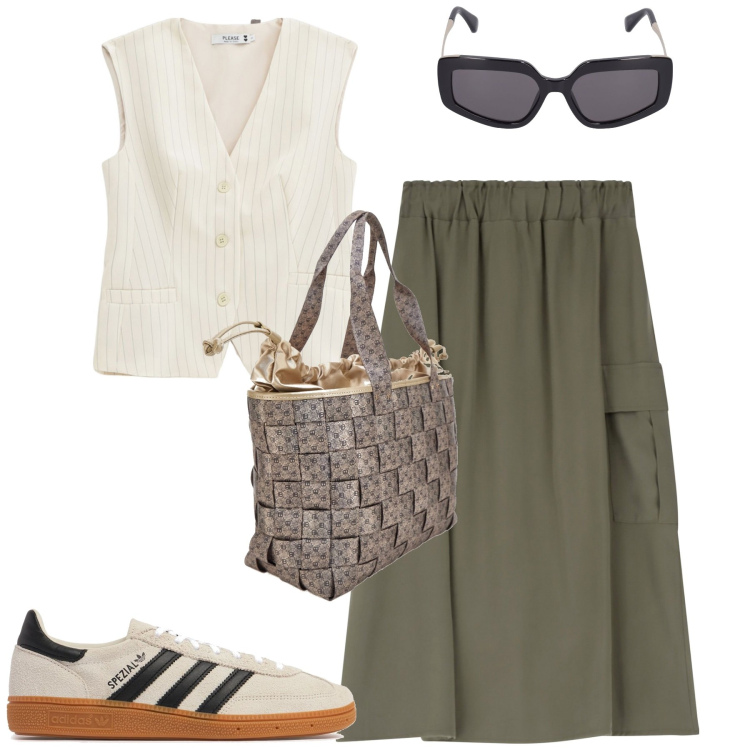 Outfit donna - City. Stile Trendy per Tutti i giorni. Abbinamento con gilet, gonne lunghe, top, sneakers, borse a spalla, occhiali da sole.