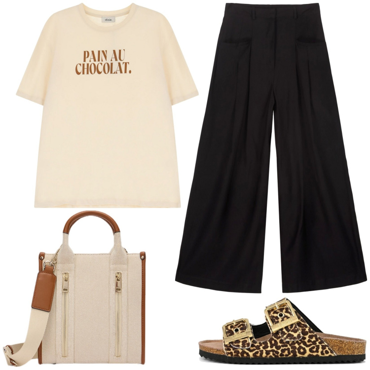 Outfit donna - Colazione con le amiche. Stile Casual per Tutti i giorni. Abbinamento con t-shirt, sandali in pelle, pantaloni, borse tote.