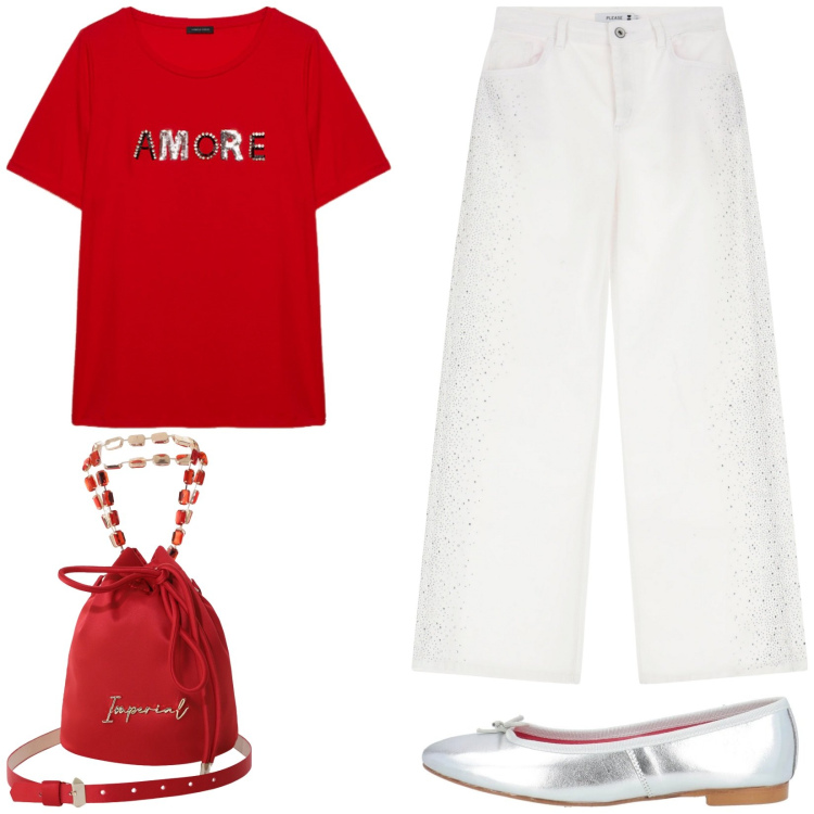 Outfit donna - Rosso "amore". Stile Basic per Tutti i giorni. Abbinamento con ballerine, pantaloni, borse a secchiello, t-shirt.
