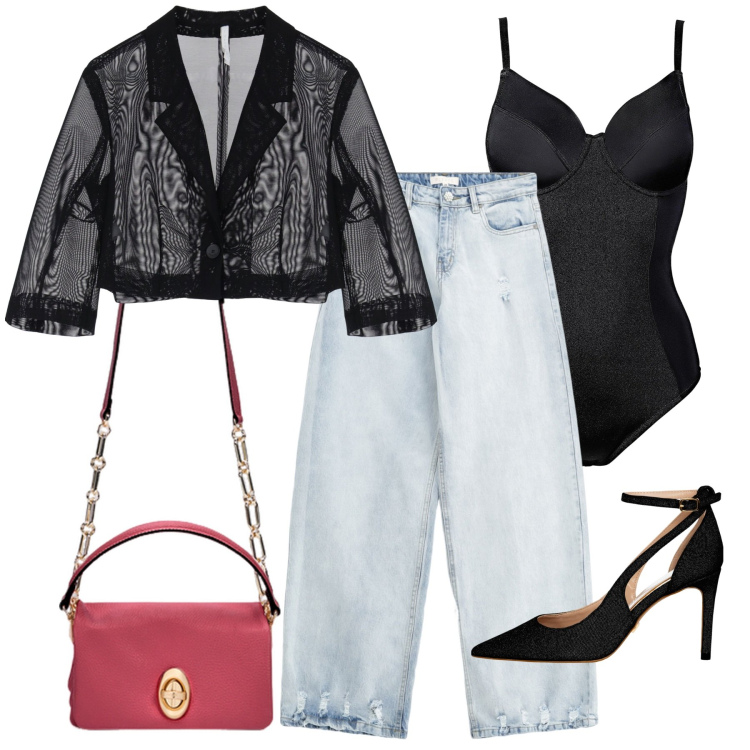 Outfit donna - Total look #2121581. Stile Glamour per Serata fuori. Abbinamento con body, décolleté, jeans, blazer, borse a tracolla.