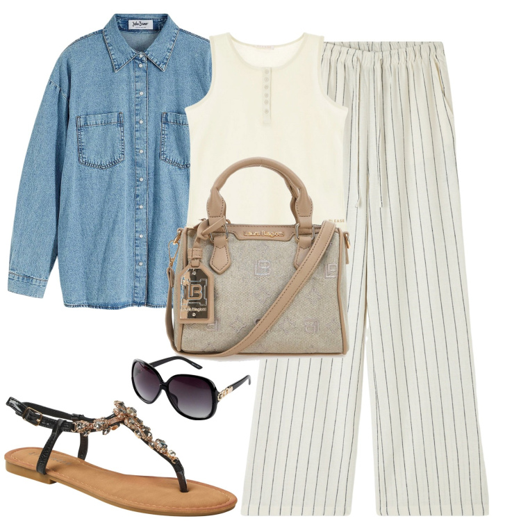 Outfit donna - City. Stile Casual chic per Tutti i giorni. Abbinamento con occhiali da sole, camicie, pantaloni, sandali gioiello, canottiere, borse a tracolla.