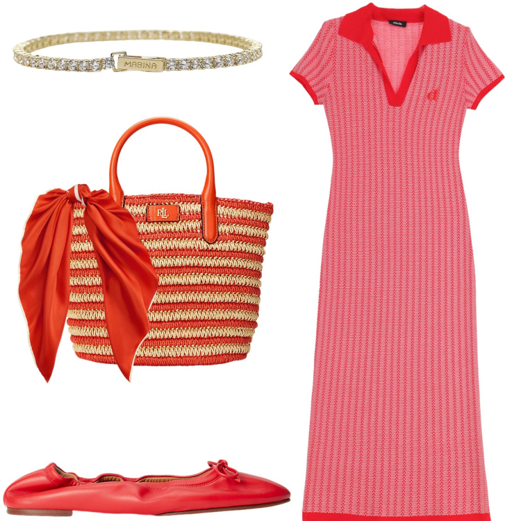 Outfit donna - Abito midi. Stile Casual chic per Tutti i giorni. Abbinamento con braccialetti, vestiti midi/longuette, ballerine, foulard, borse tote.