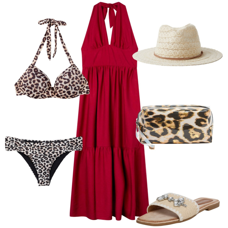 Outfit donna - Al mare e in città. Stile Casual per Mare. Abbinamento con ciabatte, bikini, cappelli, vestiti lunghi, bikini, valigie.