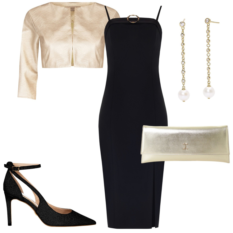 Outfit donna - Abito midi. Stile Chic per Cerimonia. Abbinamento con orecchini, bolero, vestiti midi/longuette, décolleté, pochette.