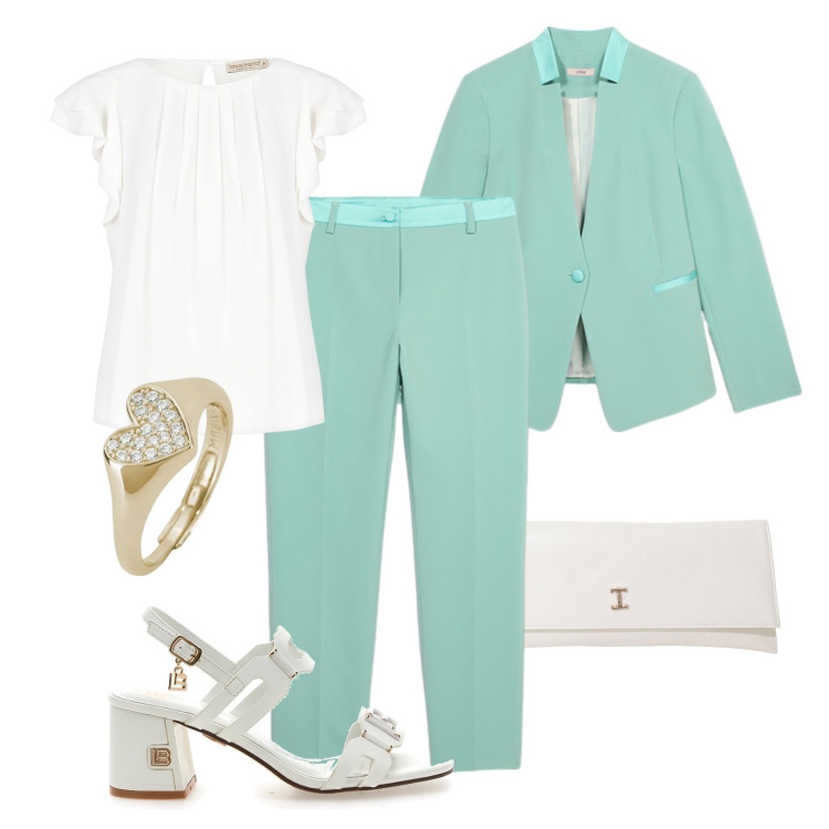 Outfit donna - Al battesimo in verde acqua. Stile Chic per Cerimonia. Abbinamento con anelli, bluse, pochette, sandali col tacco, blazer, pantaloni chino.