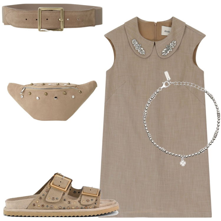 Outfit donna - Abito midi. Stile Casual chic per Serata fuori. Abbinamento con braccialetti con ciondoli, vestiti corti, marsupi, cinture, sandali.