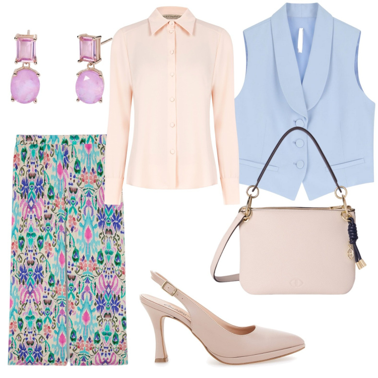 Outfit donna - Pantalone fantasia. Stile Casual chic per Serata fuori. Abbinamento con orecchini, camicie, gilet, pantaloni a palazzo, décolleté, borse a tracolla.