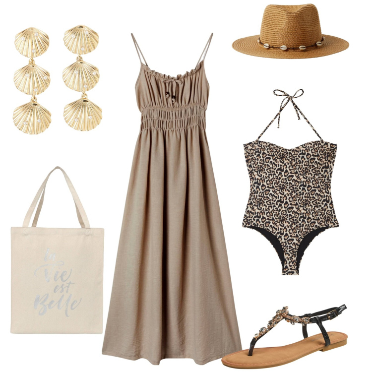 Outfit donna - Al mare e in città 2. Stile Casual chic per Mare. Abbinamento con vestiti lunghi, costumi interi, borse tote, orecchini, sandali gioiello, cappelli.