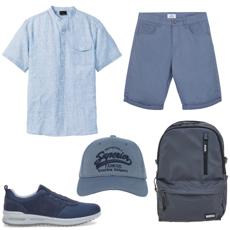 Outfit uomo - Weekend fuori porta. Stile Urban per Tutti i giorni. Abbinamento con camicie a manica corta, cappelli con visiera, bermuda, borse sportive, sneakers.