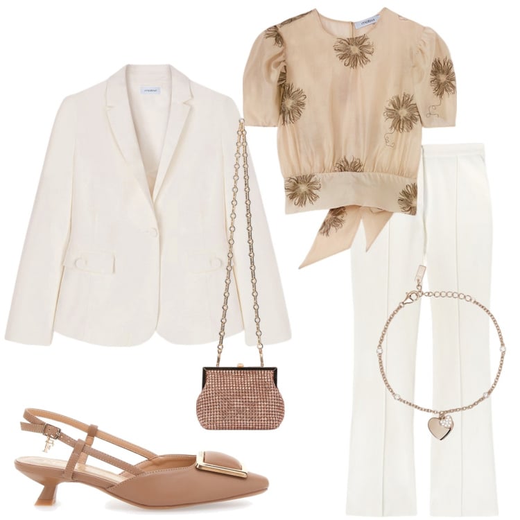 Outfit donna - Il tailleur. Stile Chic per Cerimonia. Abbinamento con braccialetti con ciondoli, décolleté, pantaloni, bluse, blazer, clutch.