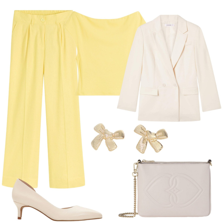 Outfit donna - Giallo burro. Stile Chic per Serata fuori. Abbinamento con maglieria, pantaloni a palazzo, décolleté, blazer, orecchini, pochette.