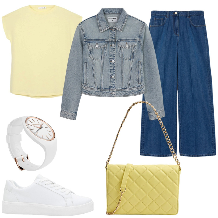 Outfit donna - Giallo burro. Stile Basic per Tutti i giorni. Abbinamento con sneakers, t-shirt, borse a tracolla, blazer, orologi, jeans.