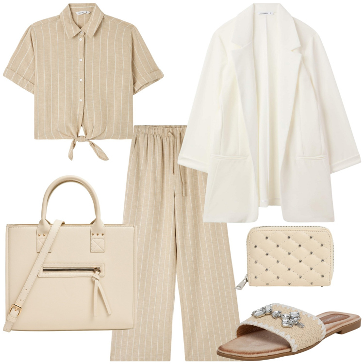 Outfit donna - Lino per l\'ufficio. Stile Casual chic per Tutti i giorni. Abbinamento con pantaloni, ciabatte, blazer, camicie a manica corta, shopping bag, portafogli.