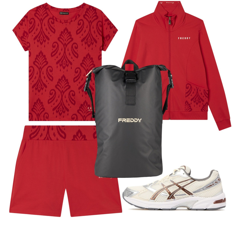Outfit donna - I see red, i see Freddy!. Stile Basic per Sport. Abbinamento con t-shirt, borse sportive, shorts, felpe, sneakers.