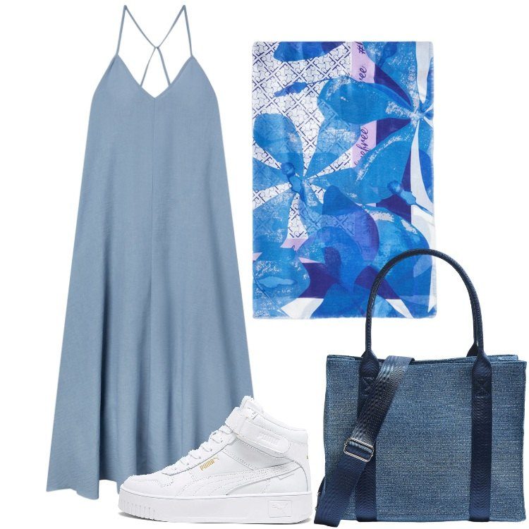 Outfit donna - Foulard blu fantasia. Stile Trendy per Tutti i giorni. Abbinamento con shopping bag, vestiti lunghi, stole, sneakers.