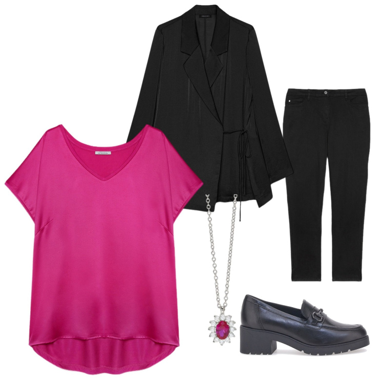 Outfit donna - In ufficio con stile. Stile Casual chic per Ufficio. Abbinamento con collane, t-shirt, mocassini, blazer, jeans skinny.