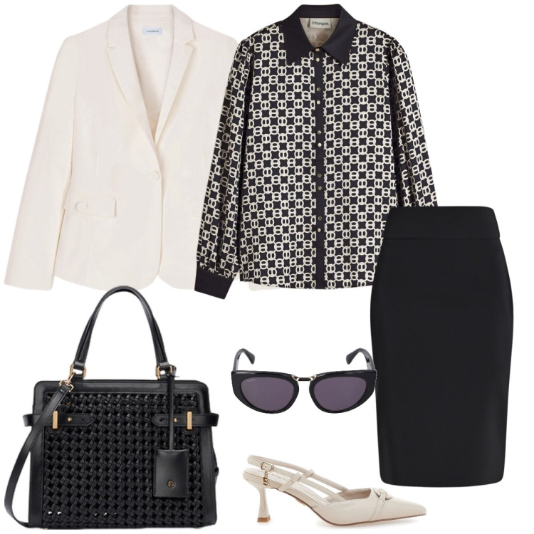 Outfit donna - Ufficio. Stile Chic per Ufficio. Abbinamento con bluse, gonne, décolleté, blazer, occhiali da sole, borse a mano.