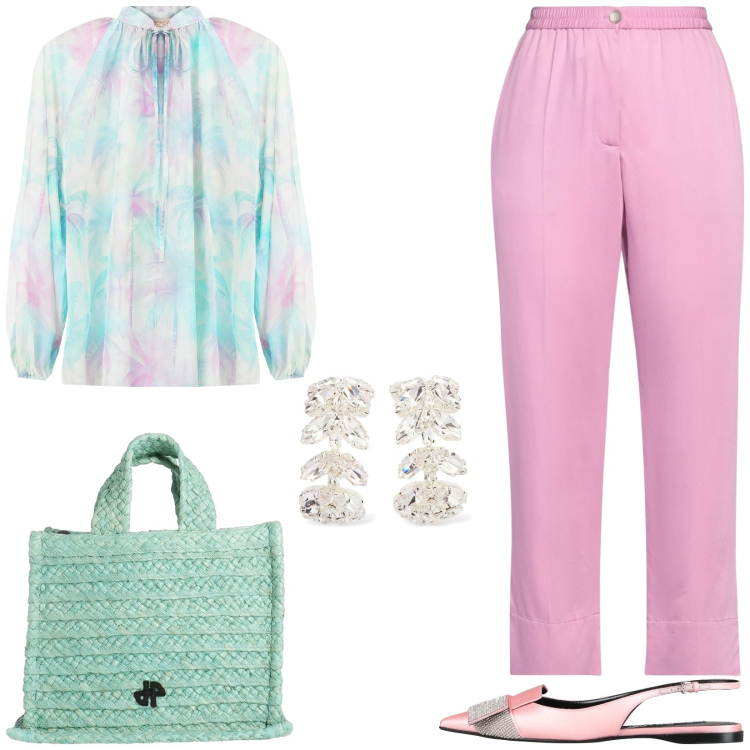 Outfit donna - Pastello delicato. Stile Casual chic per Tutti i giorni. Abbinamento con pantaloni, borse a mano, ballerine, bluse, orecchini.