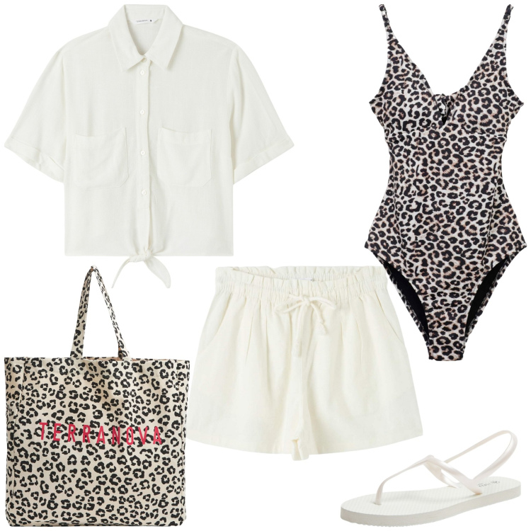 Outfit donna - Primo sole in lino bianco. Stile Basic per Tutti i giorni. Abbinamento con sandali, shorts, costumi interi, shopping bag, camicie a manica corta.