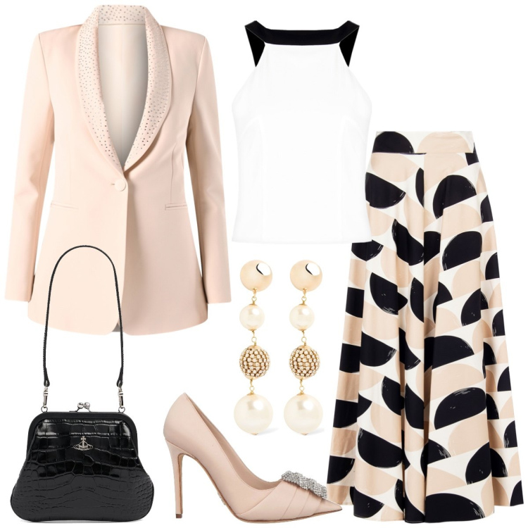 Outfit donna - Cerimonia. Stile Chic per Cerimonia. Abbinamento con décolleté, blazer, top, gonne longuette, orecchini, pochette.