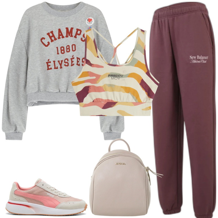 Outfit donna - In palestra. Stile Basic per Sport. Abbinamento con pantaloni, zaini, top sportivi, felpe, sneakers.