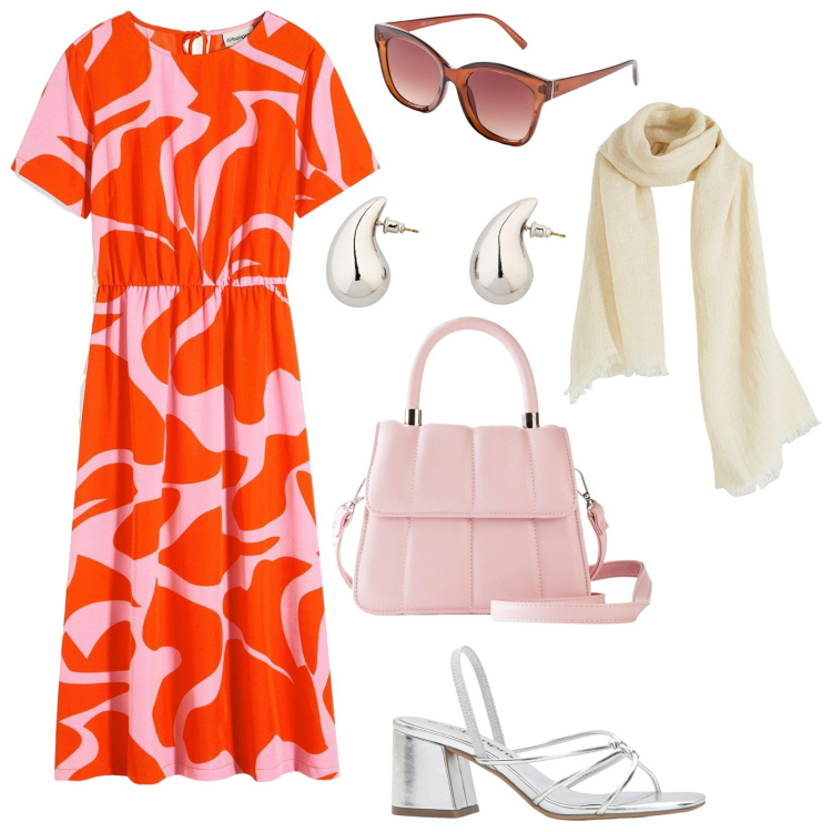 Outfit donna - Summer vibes. Stile Glamour per Tutti i giorni. Abbinamento con vestiti midi/longuette, sandali col tacco, sciarpe, borse a tracolla, orecchini, occhiali da sole.