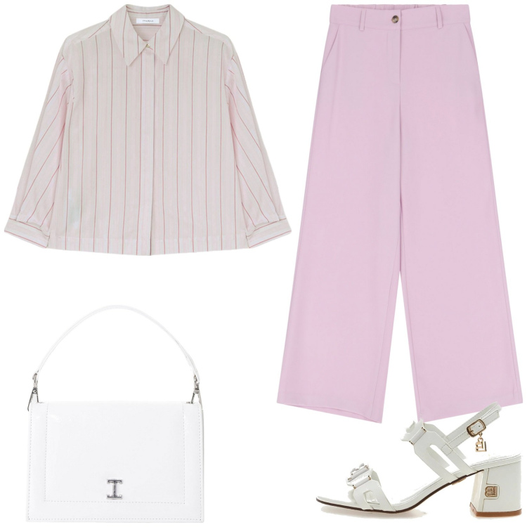 Outfit donna - Bianco e rosa. Stile Casual chic per Tutti i giorni. Abbinamento con borse a tracolla, pantaloni a palazzo, sandali col tacco, camicie.