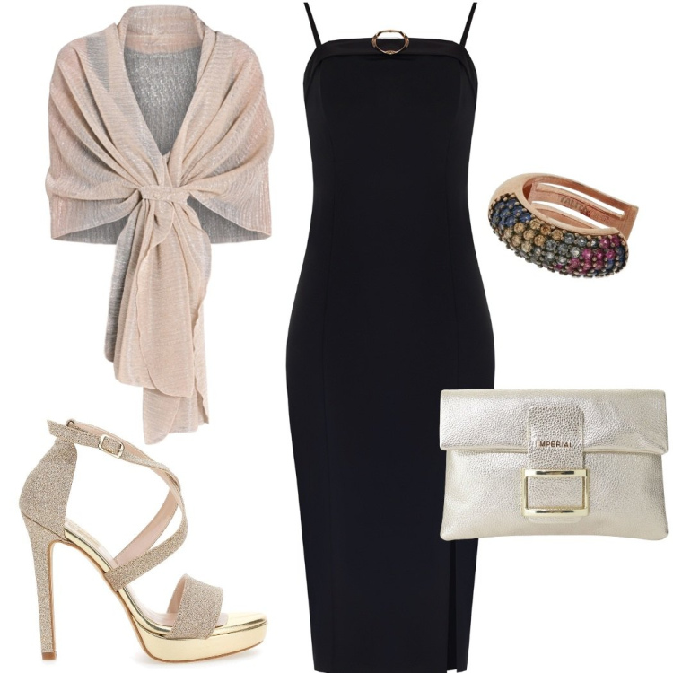 Outfit donna - Il tubino sexy. Stile Glamour per Cerimonia. Abbinamento con stole, vestiti midi/longuette, pochette, sandali col tacco, orecchini.