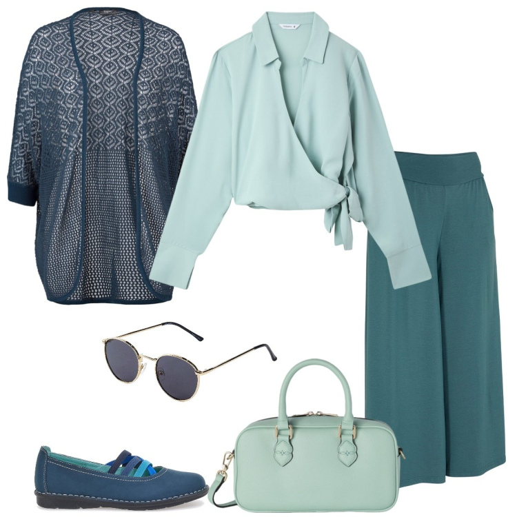 Outfit donna - Dinamica. Stile Casual per Tutti i giorni. Abbinamento con pantaloni culotte, cardigans, occhiali da sole, camicie, ballerine, borse a mano.