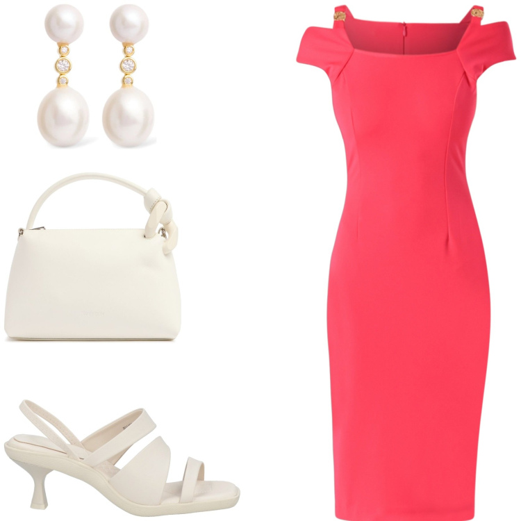 Outfit donna - Tubino rosso per il giorno. Stile Chic per Cerimonia. Abbinamento con sandali in pelle, vestiti a tubino, orecchini, borse a spalla.