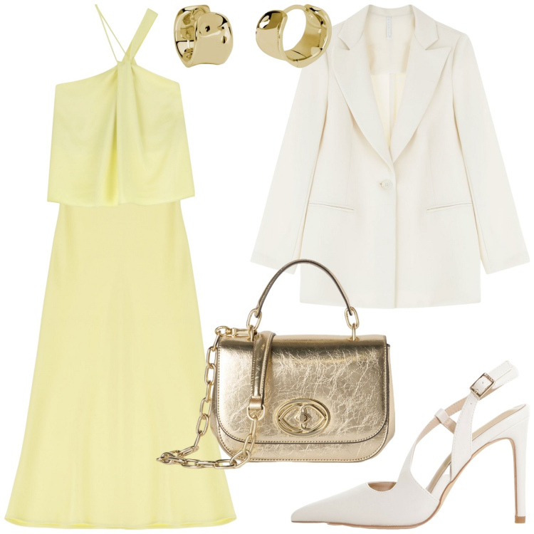 Outfit donna - Elegante giallo burro. Stile Chic per Cerimonia. Abbinamento con orecchini, gonne longuette, top, décolleté, blazer, borse a tracolla.