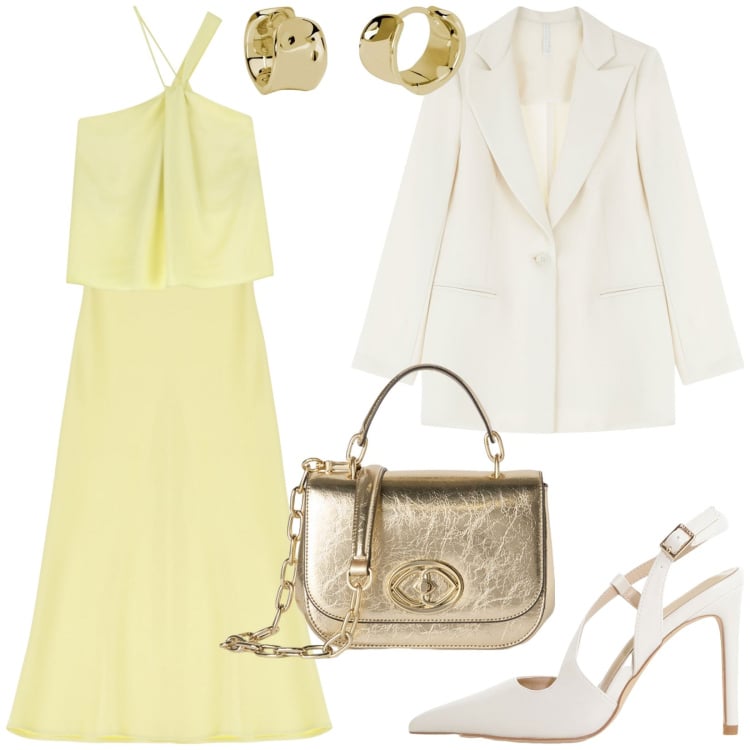 Outfit donna - Elegante giallo burro. Stile Chic per Cerimonia. Abbinamento con orecchini, gonne longuette, top, blazer, décolleté, borse a tracolla.