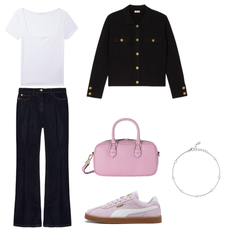 Outfit donna - Casual. Stile Casual per Tutti i giorni. Abbinamento con t-shirt, braccialetti, sneakers, blazer, borse a mano, jeans.