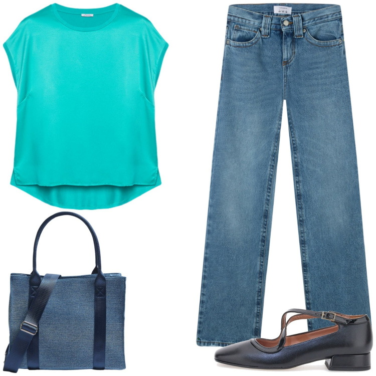 Outfit donna - Easy chic. Stile Casual per Tutti i giorni. Abbinamento con jeans, shopping bag, ballerine, bluse.