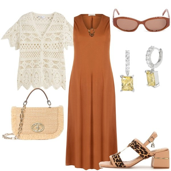 Outfit donna - Passeggiata al mare. Stile Casual per Tutti i giorni. Abbinamento con cardigans, orecchini, vestiti senza maniche, sandali col tacco, occhiali da sole, borse a tracolla.