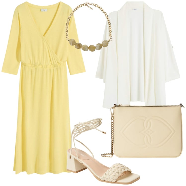 Outfit donna - Vestito per il giorno. Stile Boho per Tutti i giorni. Abbinamento con vestiti, blazer, sandali alla schiava, collane, pochette.