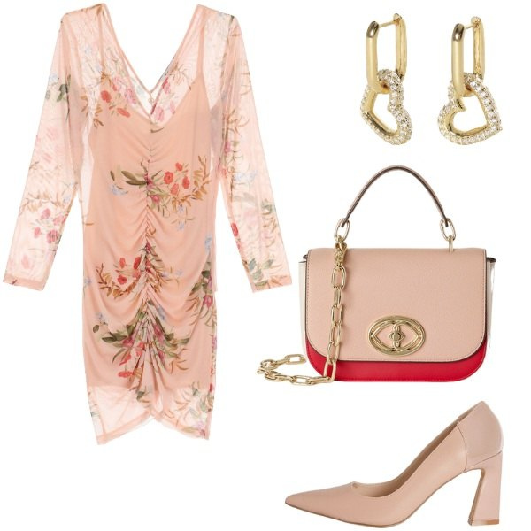 Outfit donna - Serata tra amici. Stile Glamour per Serata fuori. Abbinamento con orecchini, vestiti corti, borse a tracolla, décolleté.