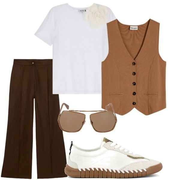 Outfit donna - Passeggiare in comodità. Stile Casual chic per Tutti i giorni. Abbinamento con maglieria, t-shirt, sneakers, pantaloni a palazzo, occhiali da sole.