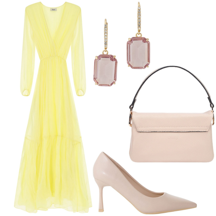 Outfit donna - Eleganza eterea. Stile Glamour per Cerimonia. Abbinamento con décolleté, vestiti lunghi, orecchini, borse a tracolla.