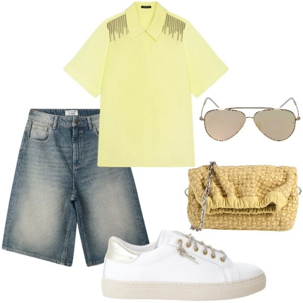 Outfit donna - A spasso per la città. Stile Casual chic per Tutti i giorni. Abbinamento con borse a tracolla, bermuda, sneakers, camicie a manica corta, occhiali da sole.